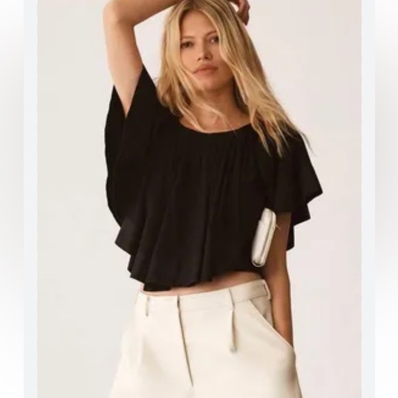 ANTHROPOLOGIE Maeve Black Ruffled Swing Blouse Short Sleeve Caplet XS - Picture 1 of 8